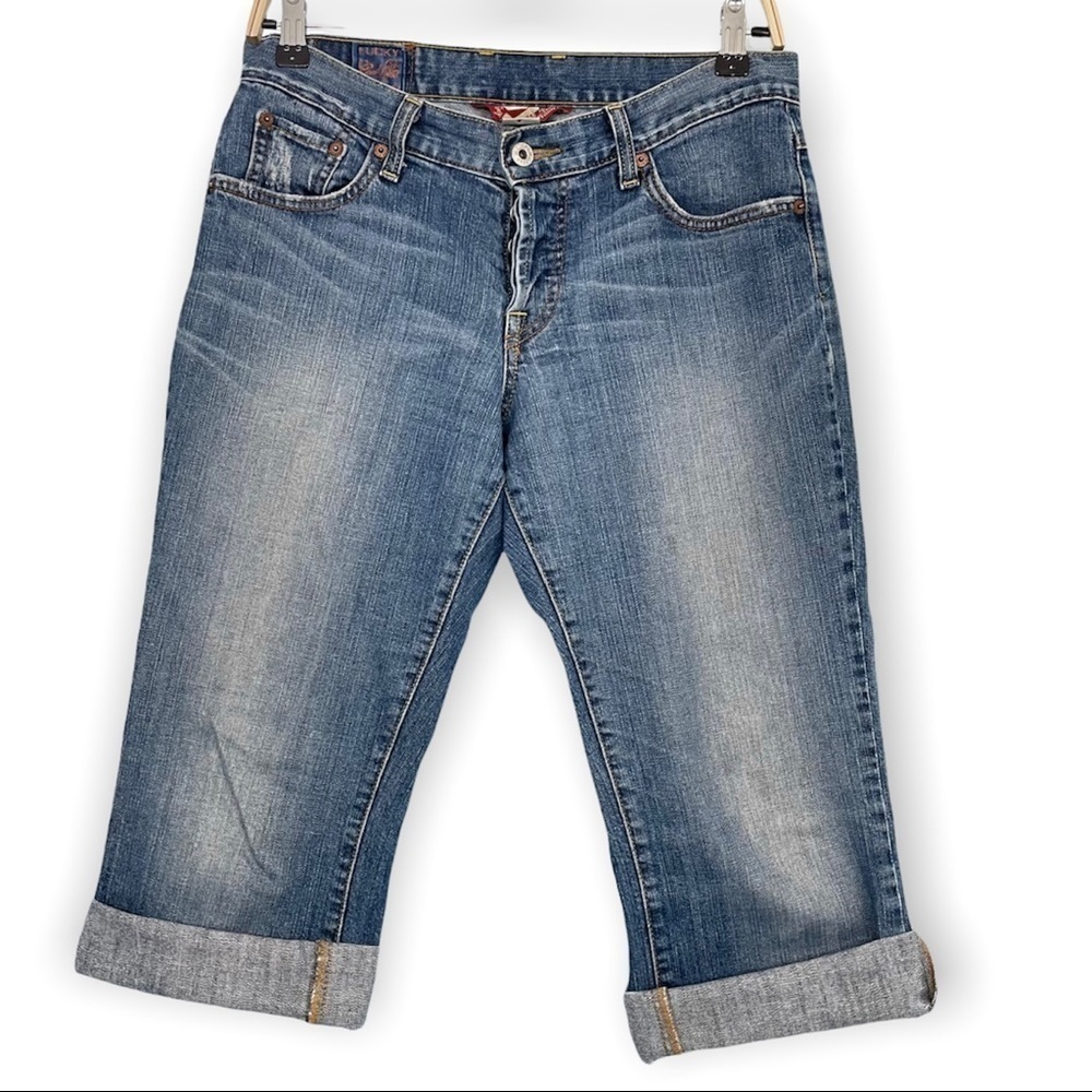 Lucky Brand denim crops, button fly, roll leg or leave longer, mild whiskering 8